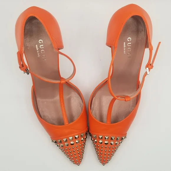 GUCCI Malage Kid Vibrant Orange Leather Studded T-strap Pump EU 36.5